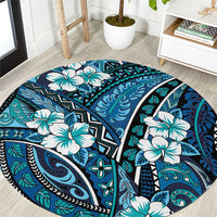 Polynesian Hibiscus Tropical Blue Floral Round Carpet Tribal Pattern - Polynesian Pride
