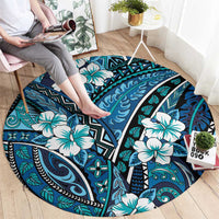 Polynesian Hibiscus Tropical Blue Floral Round Carpet Tribal Pattern - Polynesian Pride