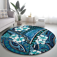 Polynesian Hibiscus Tropical Blue Floral Round Carpet Tribal Pattern - Polynesian Pride