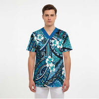 Polynesian Hibiscus Tropical Blue Floral Scrub Top Tribal Pattern LT01 - Polynesian Pride