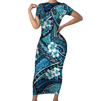 Polynesian Hibiscus Tropical Blue Floral Short Sleeve Bodycon Dress Tribal Pattern - Polynesian Pride