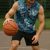 Polynesian Hibiscus Tropical Blue Floral Sleeveless Hoodie Tribal Pattern LT01 - Polynesian Pride