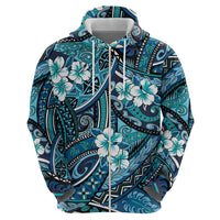 Polynesian Hibiscus Tropical Blue Floral Zip Hoodie Tribal Pattern LT01 - Polynesian Pride