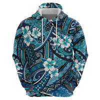 Polynesian Hibiscus Tropical Blue Floral Zip Hoodie Tribal Pattern LT01 - Polynesian Pride
