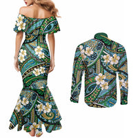 Polynesian Hibiscus Tropical Green Floral Couples Matching Mermaid Dress and Long Sleeve Button Shirt Tribal Pattern LT01 - Polynesian Pride