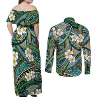 Polynesian Hibiscus Tropical Green Floral Couples Matching Off Shoulder Maxi Dress and Long Sleeve Button Shirt Tribal Pattern LT01 - Polynesian Pride
