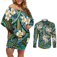 Polynesian Hibiscus Tropical Green Floral Couples Matching Off Shoulder Short Dress and Long Sleeve Button Shirt Tribal Pattern LT01 Green - Polynesian Pride