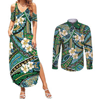 Polynesian Hibiscus Tropical Green Floral Couples Matching Summer Maxi Dress and Long Sleeve Button Shirt Tribal Pattern LT01 Green - Polynesian Pride