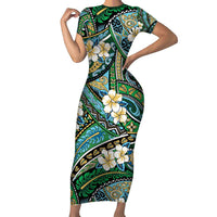 Polynesian Hibiscus Tropical Green Floral Family Matching Short Sleeve Bodycon Dress and Hawaiian Shirt Tribal Pattern - Polynesian Pride