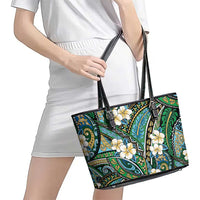 Polynesian Hibiscus Tropical Green Floral Leather Tote Bag Tribal Pattern - Polynesian Pride
