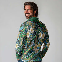 Polynesian Hibiscus Tropical Green Floral Long Sleeve Polo Shirt Tribal Pattern LT01 - Polynesian Pride