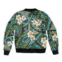 Polynesian Hibiscus Tropical Green Floral Sleeve Zip Bomber Jacket Tribal Pattern - Polynesian Pride
