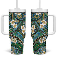 Polynesian Hibiscus Tropical Green Floral Tumbler With Handle Tribal Pattern - Polynesian Pride