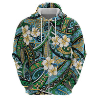 Polynesian Hibiscus Tropical Green Floral Zip Hoodie Tribal Pattern - Polynesian Pride