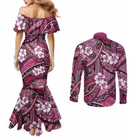 Polynesian Hibiscus Tropical Pink Floral Couples Matching Mermaid Dress and Long Sleeve Button Shirt Tribal Pattern LT01 - Polynesian Pride
