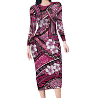 Polynesian Hibiscus Tropical Pink Floral Family Matching Long Sleeve Bodycon Dress and Hawaiian Shirt Tribal Pattern - Polynesian Pride