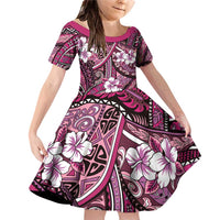 Polynesian Hibiscus Tropical Pink Floral Family Matching Off Shoulder Short Dress and Hawaiian Shirt Tribal Pattern - Polynesian Pride