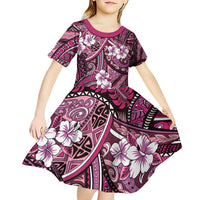 Polynesian Hibiscus Tropical Pink Floral Kid Short Sleeve Dress Tribal Pattern - Polynesian Pride