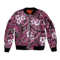 Polynesian Hibiscus Tropical Pink Floral Sleeve Zip Bomber Jacket Tribal Pattern - Polynesian Pride