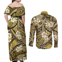 Polynesian Hibiscus Tropical Yellow Floral Couples Matching Off Shoulder Maxi Dress and Long Sleeve Button Shirt Tribal Pattern LT01 - Polynesian Pride