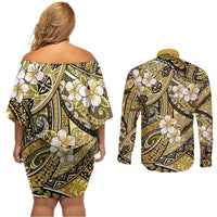 Polynesian Hibiscus Tropical Yellow Floral Couples Matching Off Shoulder Short Dress and Long Sleeve Button Shirt Tribal Pattern LT01 - Polynesian Pride
