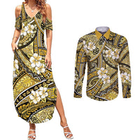 Polynesian Hibiscus Tropical Yellow Floral Couples Matching Summer Maxi Dress and Long Sleeve Button Shirt Tribal Pattern LT01 Yellow - Polynesian Pride