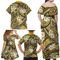 Polynesian Hibiscus Tropical Yellow Floral Family Matching Off Shoulder Maxi Dress and Hawaiian Shirt Tribal Pattern - Polynesian Pride