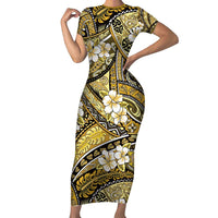 Polynesian Hibiscus Tropical Yellow Floral Family Matching Short Sleeve Bodycon Dress and Hawaiian Shirt Tribal Pattern - Polynesian Pride