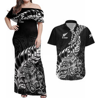 New Zealand Silver Fern Rugby Couples Matching Off Shoulder Maxi Dress and Hawaiian Shirt Aotearoa Kiwi Maori Black Version LT01 Black - Polynesian Pride