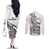 New Zealand Silver Fern Rugby Couples Matching Off The Shoulder Long Sleeve Dress and Long Sleeve Button Shirts Aotearoa Kiwi Maori White Version LT01 - Polynesian Pride