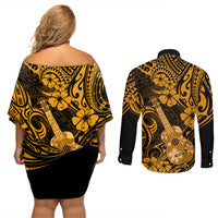 Hawaii Ukulele Couples Matching Off Shoulder Short Dress and Long Sleeve Button Shirts Polynesian Pattern Gold Version LT01 - Polynesian Pride