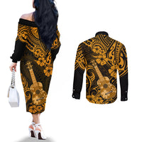 Hawaii Ukulele Couples Matching Off The Shoulder Long Sleeve Dress and Long Sleeve Button Shirts Polynesian Pattern Gold Version LT01 - Polynesian Pride