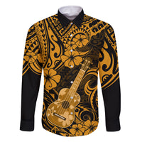 Hawaii Ukulele Family Matching Off Shoulder Short Dress and Hawaiian Shirt Polynesian Pattern Gold Version LT01 Dad's Shirt - Long Sleeve Gold - Polynesian Pride