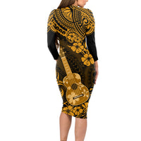 Hawaii Ukulele Long Sleeve Bodycon Dress Polynesian Pattern Gold Version LT01 - Polynesian Pride