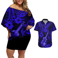 Hawaii Ukulele Couples Matching Off Shoulder Short Dress and Hawaiian Shirt Polynesian Pattern Navy Blue Version LT01 Blue - Polynesian Pride