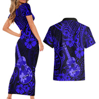 Hawaii Ukulele Couples Matching Short Sleeve Bodycon Dress and Hawaiian Shirt Polynesian Pattern Navy Blue Version LT01 - Polynesian Pride