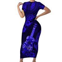 Hawaii Ukulele Short Sleeve Bodycon Dress Polynesian Pattern Navy Blue Version LT01 Long Dress Blue - Polynesian Pride