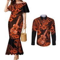 Hawaii Ukulele Couples Matching Mermaid Dress and Long Sleeve Button Shirts Polynesian Pattern Orange Version LT01 Orange - Polynesian Pride