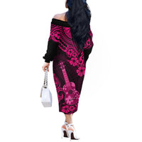 Hawaii Ukulele Off The Shoulder Long Sleeve Dress Polynesian Pattern Pink Version LT01 - Polynesian Pride