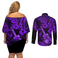 Hawaii Ukulele Couples Matching Off Shoulder Short Dress and Long Sleeve Button Shirts Polynesian Pattern Purple Version LT01 - Polynesian Pride