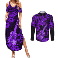 Hawaii Ukulele Couples Matching Summer Maxi Dress and Long Sleeve Button Shirts Polynesian Pattern Purple Version LT01 Purple - Polynesian Pride