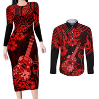 Hawaii Ukulele Couples Matching Long Sleeve Bodycon Dress and Long Sleeve Button Shirts Polynesian Pattern Red Version LT01 Red - Polynesian Pride