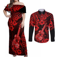 Hawaii Ukulele Couples Matching Off Shoulder Maxi Dress and Long Sleeve Button Shirts Polynesian Pattern Red Version LT01 Red - Polynesian Pride