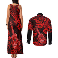 Hawaii Ukulele Couples Matching Tank Maxi Dress and Long Sleeve Button Shirts Polynesian Pattern Red Version LT01 - Polynesian Pride