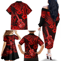 Hawaii Ukulele Family Matching Off Shoulder Long Sleeve Dress and Hawaiian Shirt Polynesian Pattern Red Version LT01 - Polynesian Pride
