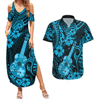 Hawaii Ukulele Couples Matching Summer Maxi Dress and Hawaiian Shirt Polynesian Pattern Sky Blue Version LT01 Blue - Polynesian Pride