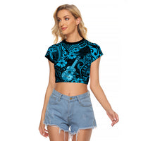 Hawaii Ukulele Raglan Cropped T Shirt Polynesian Pattern Sky Blue Version LT01 Female Blue - Polynesian Pride
