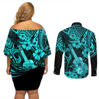Hawaii Ukulele Couples Matching Off Shoulder Short Dress and Long Sleeve Button Shirts Polynesian Pattern Turquoise Version LT01 - Polynesian Pride