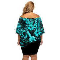Hawaii Ukulele Off Shoulder Short Dress Polynesian Pattern Turquoise Version LT01 - Polynesian Pride