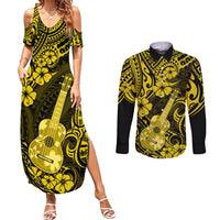Hawaii Ukulele Couples Matching Summer Maxi Dress and Long Sleeve Button Shirts Polynesian Pattern Yellow Version LT01 Yellow - Polynesian Pride